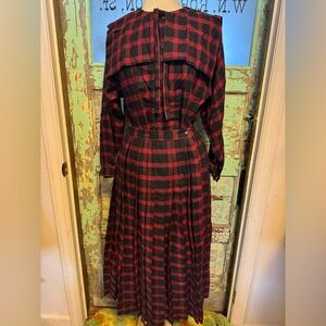 Vintage 1980’s Buffalo Plaid Long Sleeve Prairie  Skirt and Blouse Wool Italy